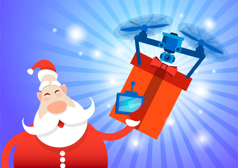 卡通圣诞老人控制无人机送礼物