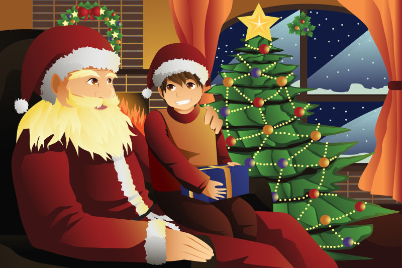 卡通圣诞老人和孩子聊天