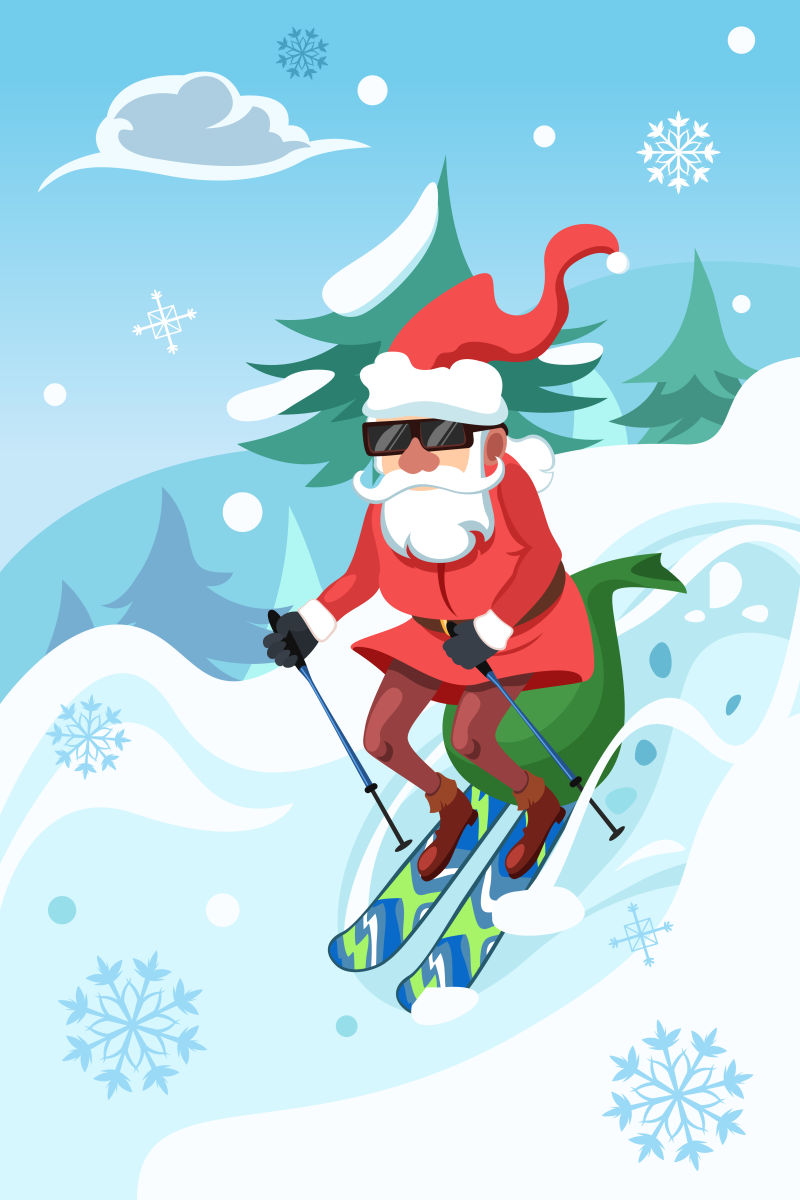 雪地上骑滑板的圣诞老人矢量