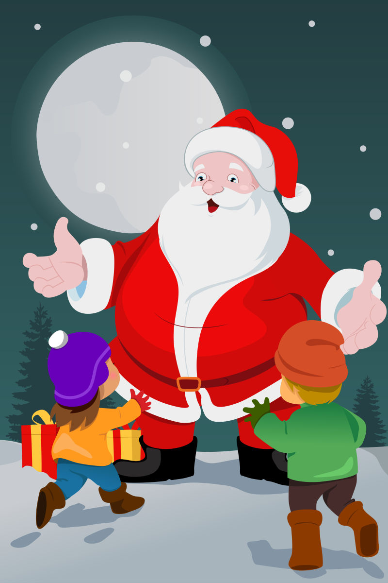卡通圣诞老人和小孩