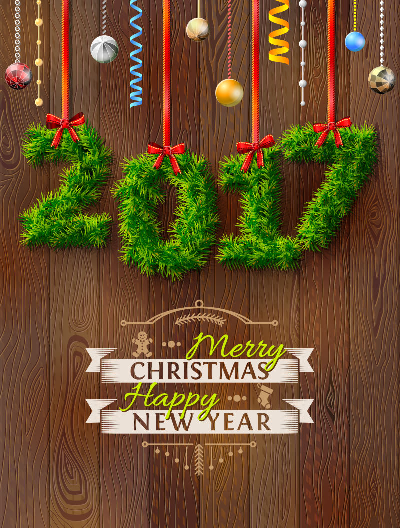 木制背景的圣诞和新年海报矢量图