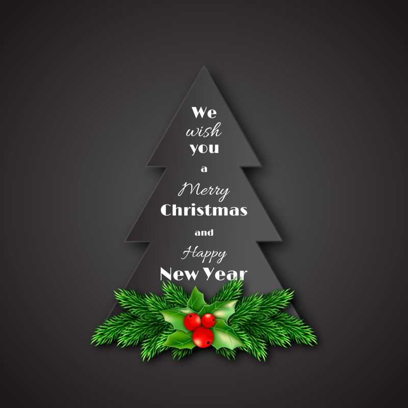 纸枞树与圣诞装饰的枞树枝和冬青矢量插图