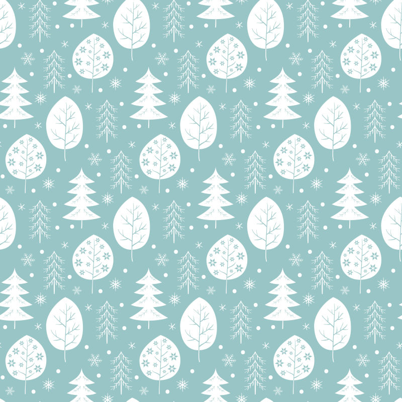 浅蓝色的雪花和树木的无缝图案