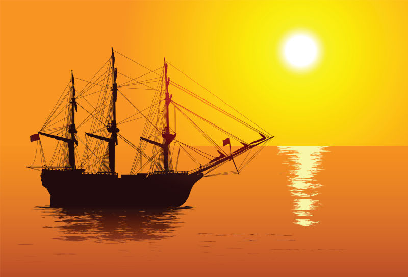 矢量帆船航行日落时的剪影