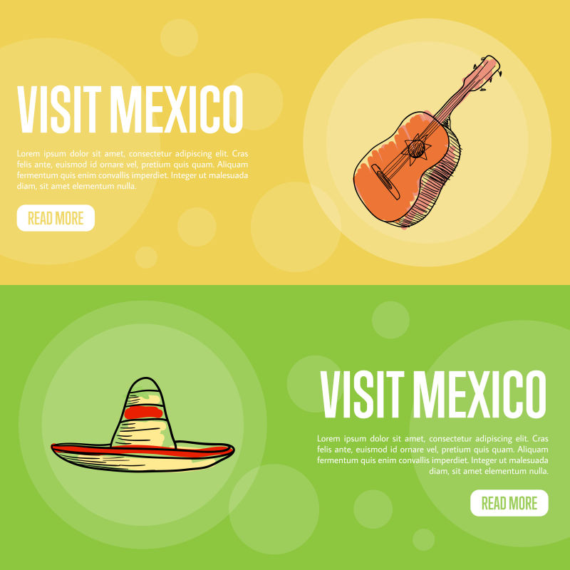 墨西哥弗拉门戈吉他和帽子的手绘横幅矢量图
