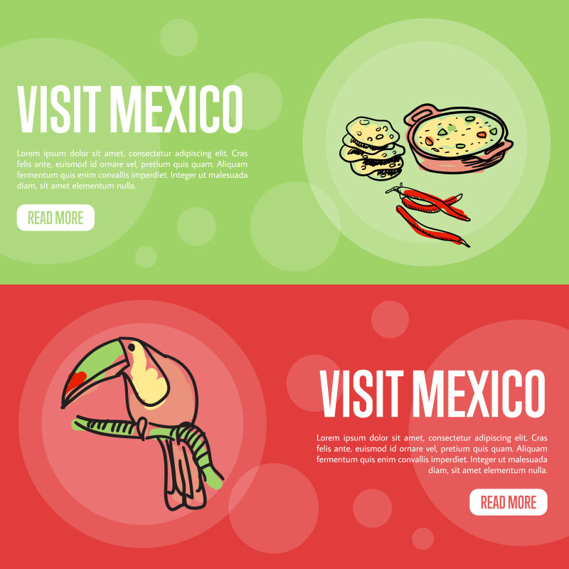 墨西哥玉米饼和巨嘴鸟手绘横幅矢量图
