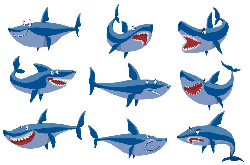 九种鲨鱼表情包矢量卡通图