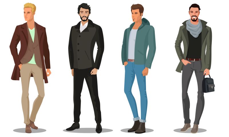 穿着不同的四位时尚男子的矢量插图