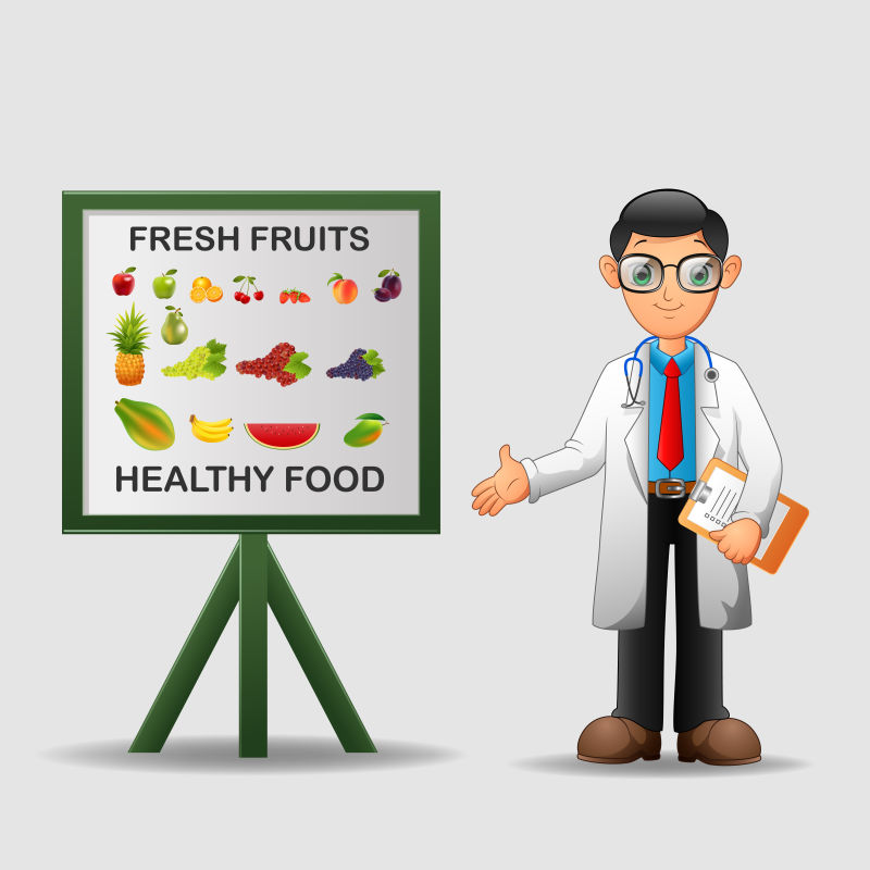 白板上的健康水果和医生矢量