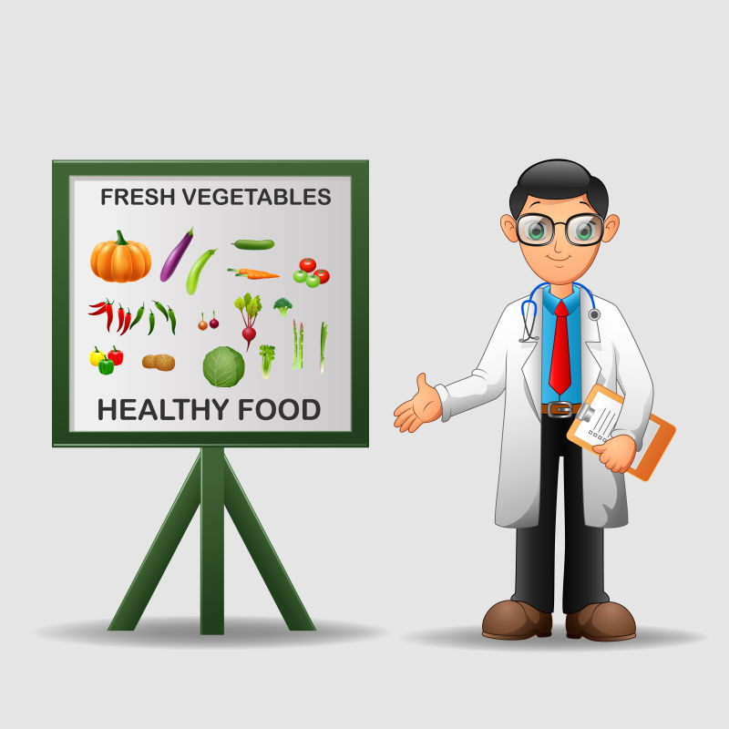 白板上的健康蔬菜水果和医生