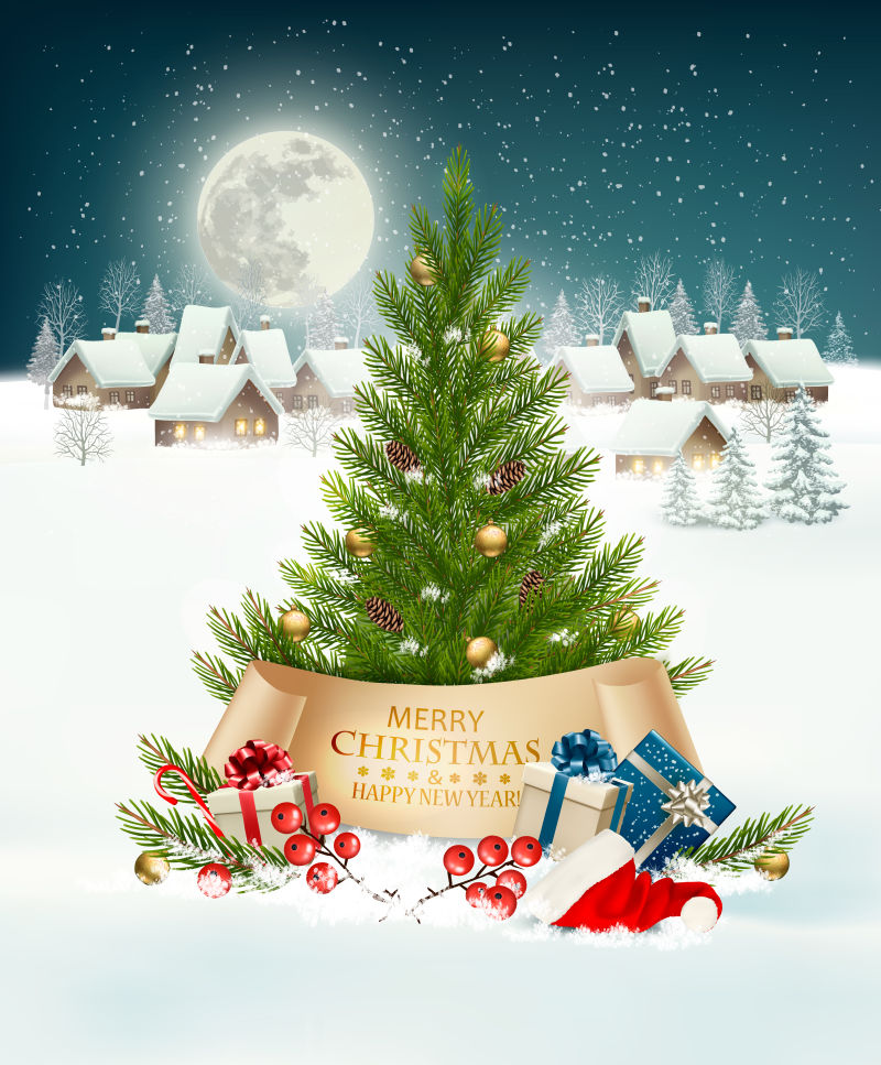 矢量月亮下的圣诞树和礼品盒