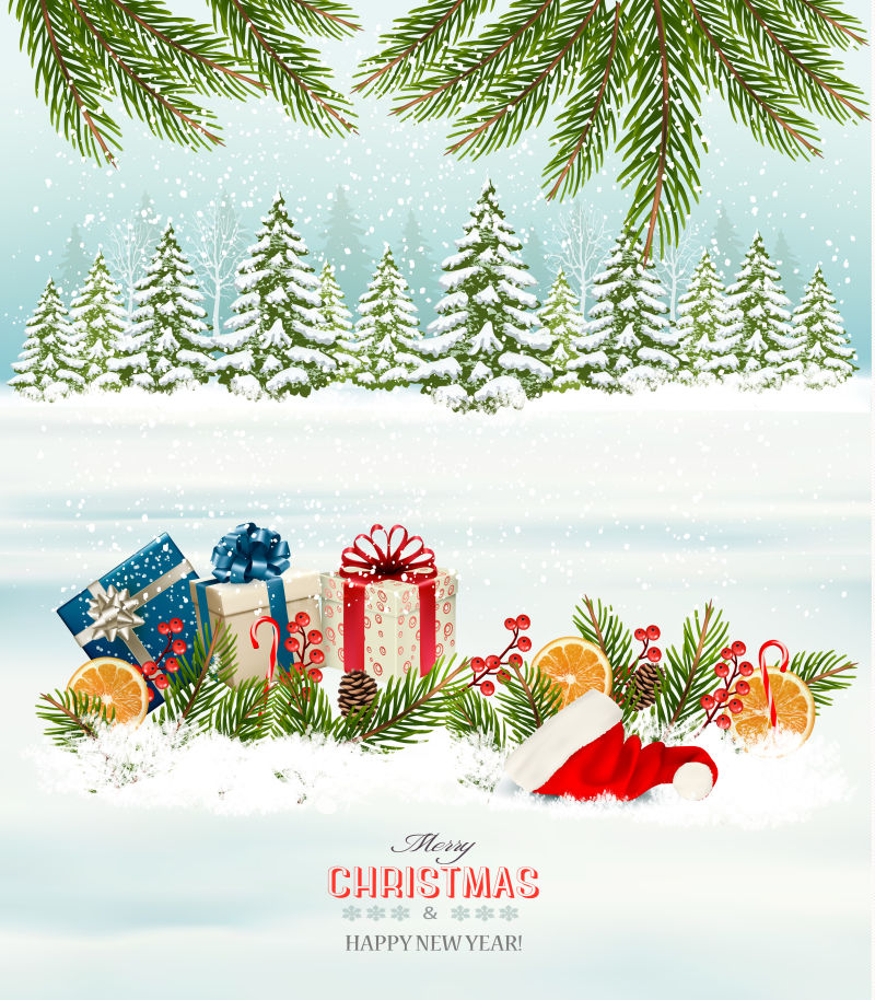 创意雪地上的圣诞节礼物矢量插图
