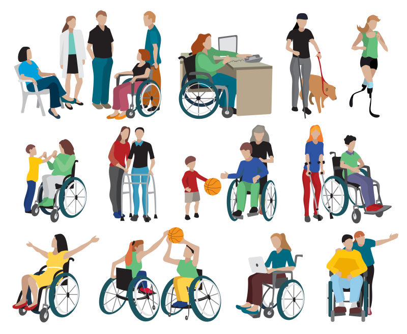 轮椅上的残疾人生活图标矢量设计