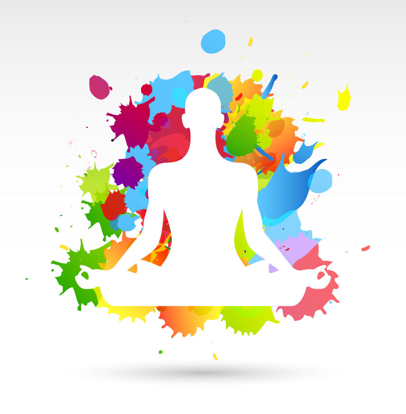 彩色墨水背景下的瑜伽坐的人轮廓矢量设计