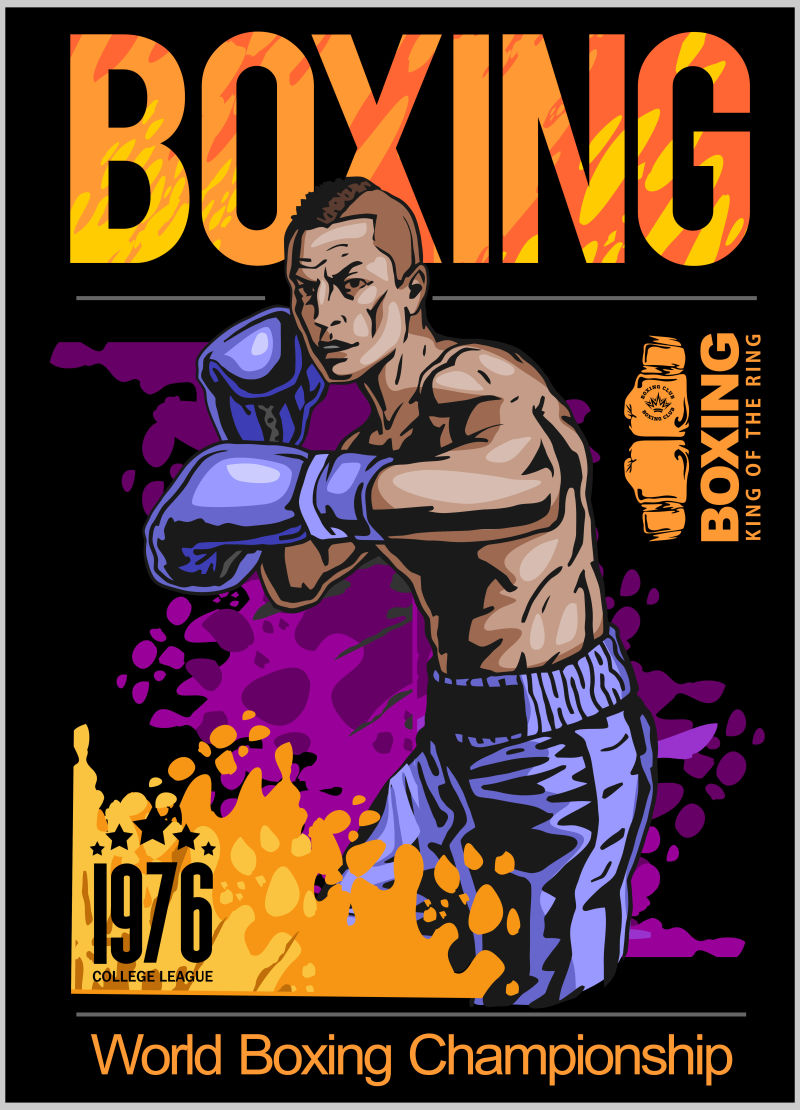 拳击冠军海报与拳击运动员的矢量插图