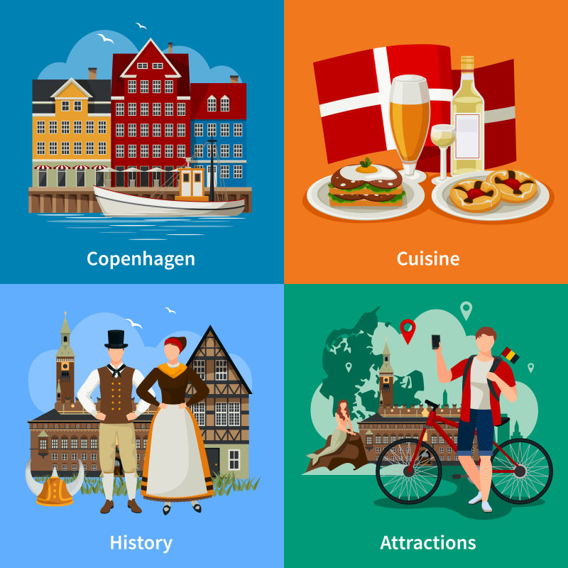 矢量的丹麦平面风格概念与哥本哈根传统美食