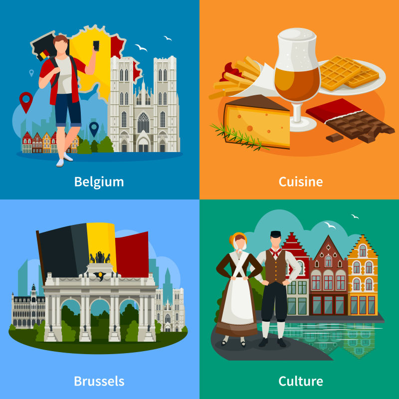 矢量的平地风格的旅游理念与比利时地标