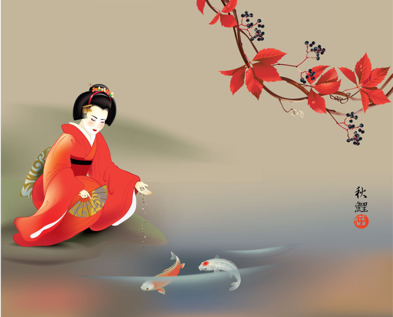 日本艺妓秋季喂养锦鲤的矢量图