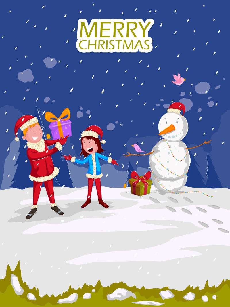 雪地上的圣诞儿童矢量插图