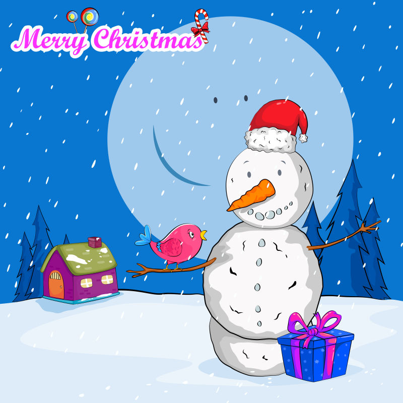 雪地上的圣诞雪人和礼物盒矢量插图