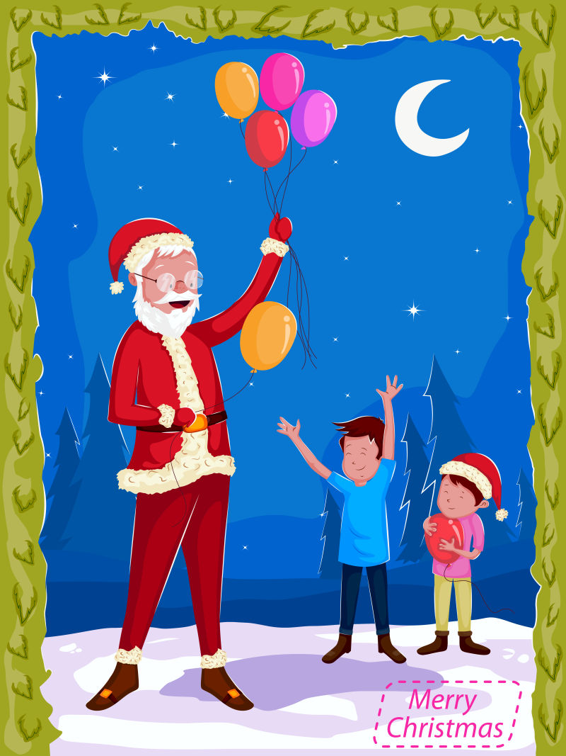 月色下的圣诞老人和孩子矢量插图