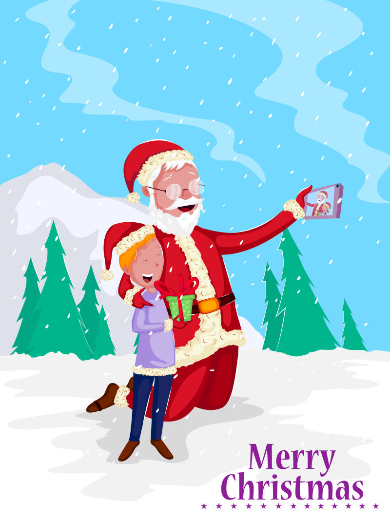 圣诞老人和孩子元素场景矢量插图