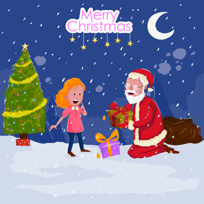 雪地上的女孩和圣诞老人矢量插图