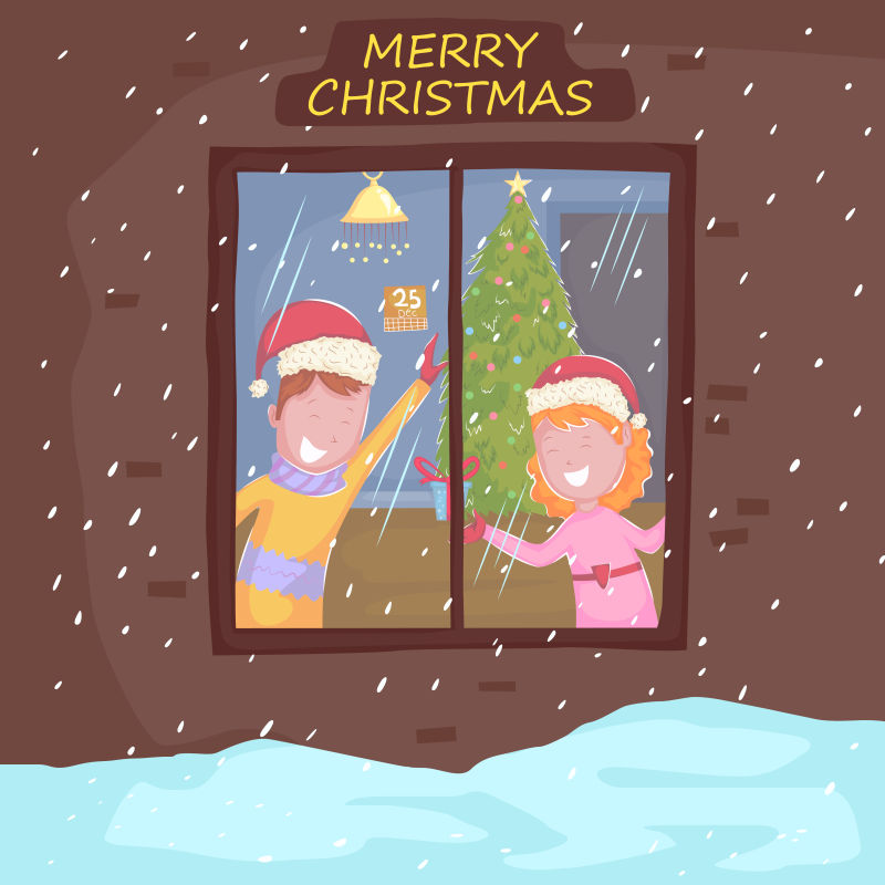 窗户后面带着红色圣诞帽的孩子矢量插图