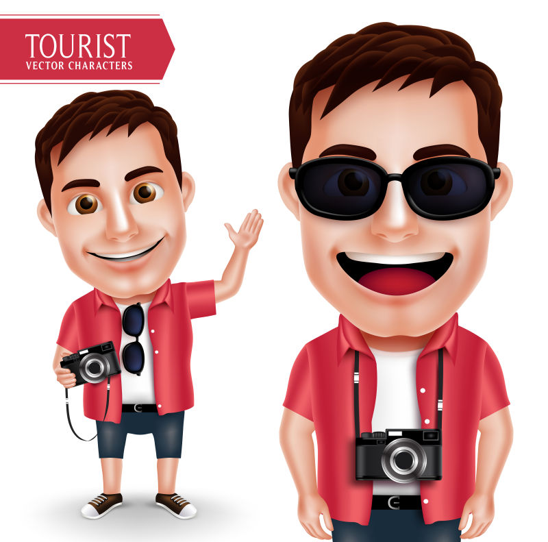 旅游摄影师男子矢量人物戴着休闲相机