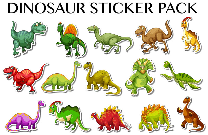 不同类型恐龙在贴纸设计中的矢量插图