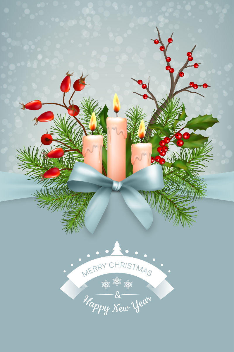 矢量圣诞节红色浆果和蜡烛贺卡设计