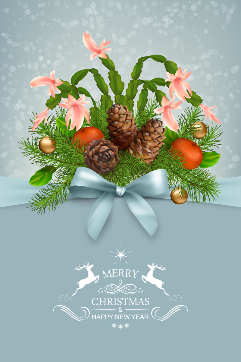 花朵和松果矢量圣诞节贺卡设计