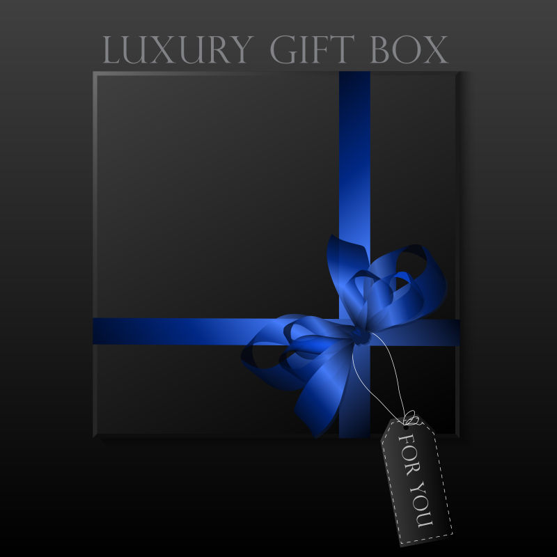 黑色礼品盒上的蓝色丝带矢量图