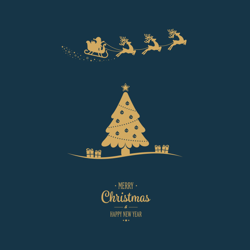 圣诞雪橇飞金色圣诞树问候语矢量