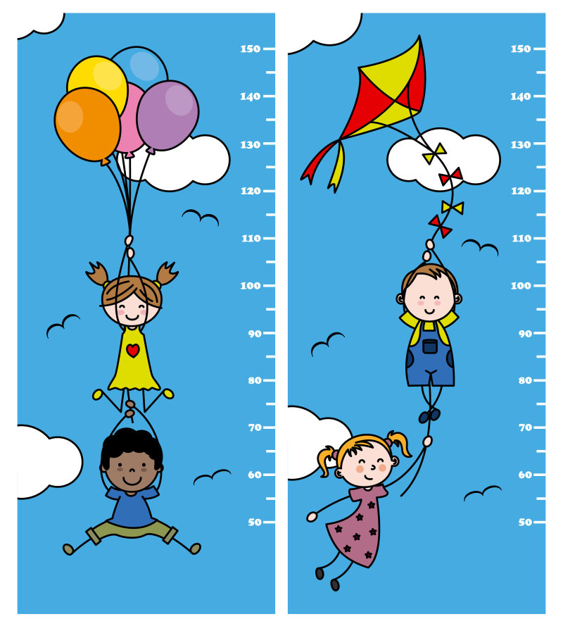 抱着气球和风筝的孩子们的矢量卡通尺