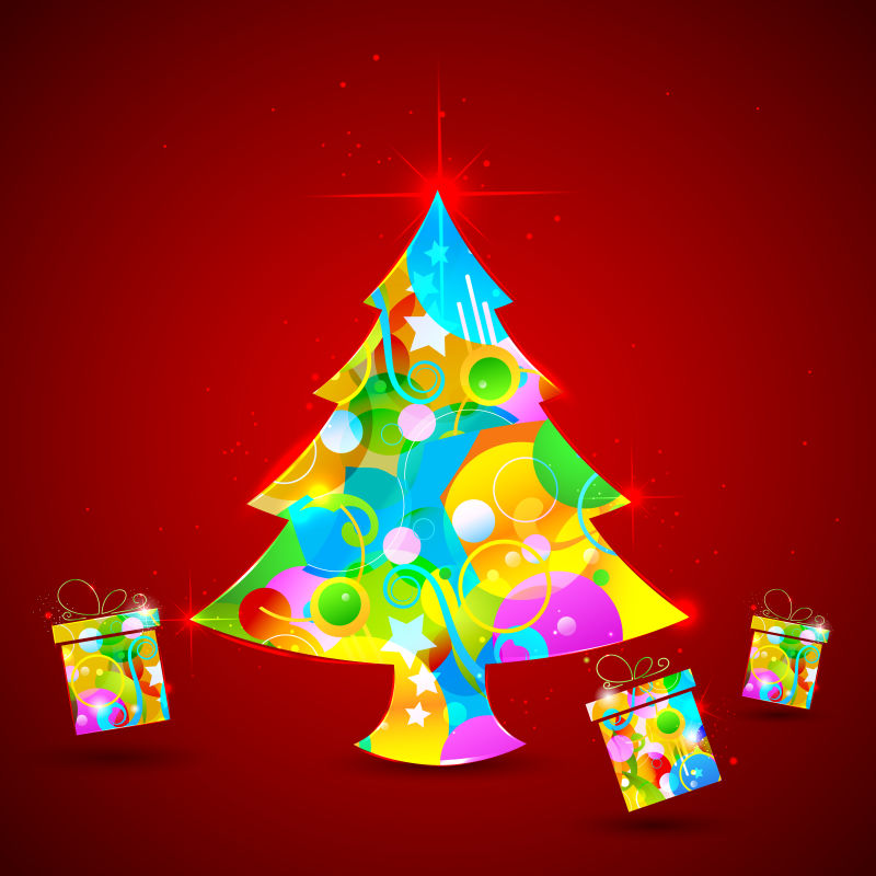 闪闪发光的圣诞树和礼物矢量插图