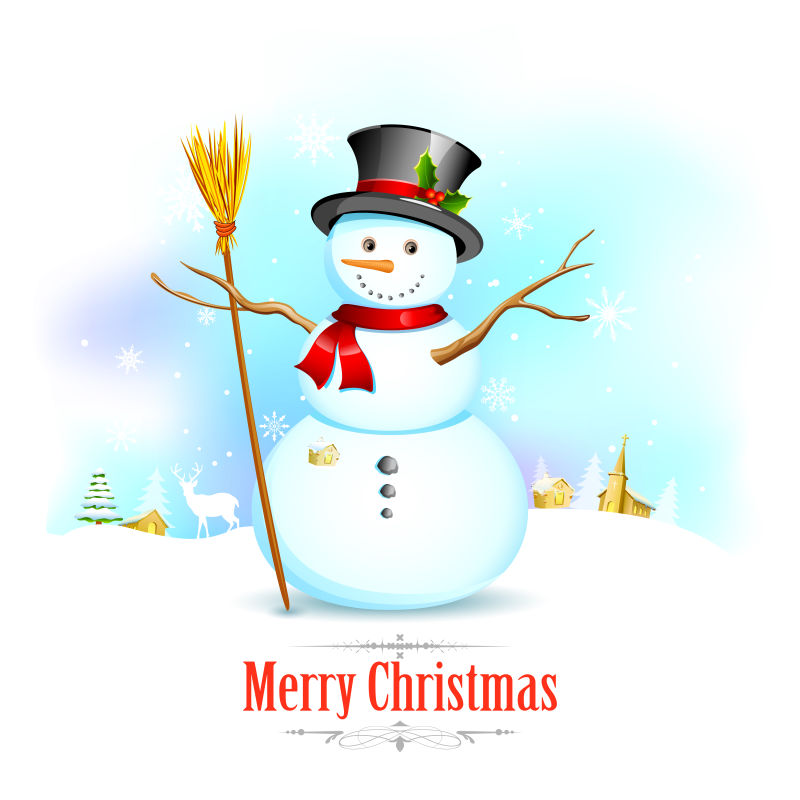 圣诞背景下的矢量扫帚雪人