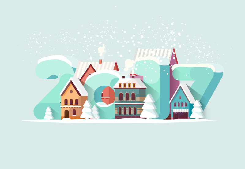 矢量雪天里的房屋新年贺卡设计