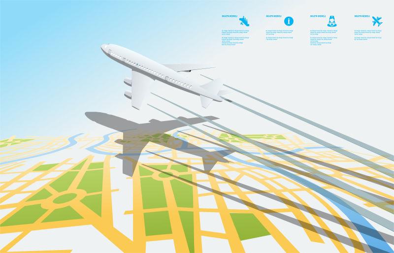 飞机飞过城市上空的平面图设计矢量