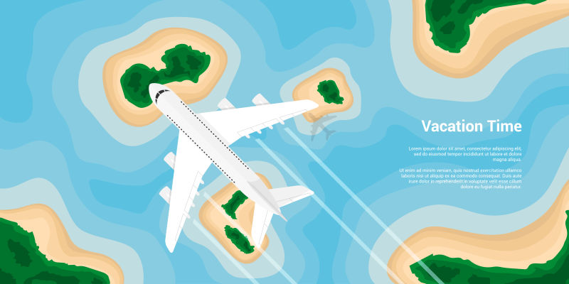 岛屿上空飞行的飞机矢量插图