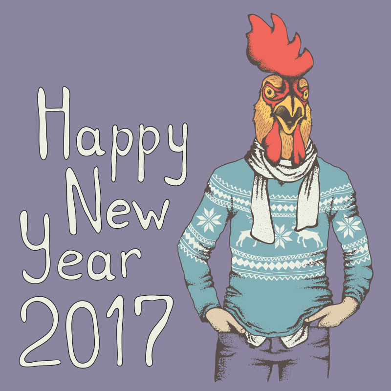 抽象矢量帅气公鸡元素的新年快乐插图
