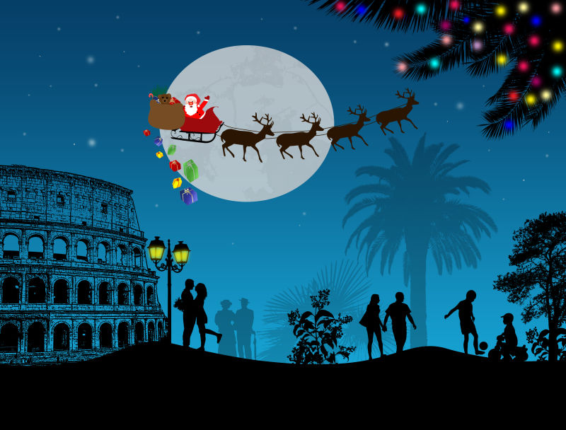 圣诞老人乘雪橇飞过罗马夜空矢量插图