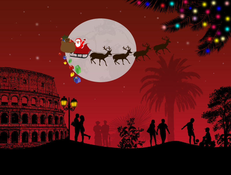 圣诞老人乘雪橇飞过罗马夜空的矢量插图