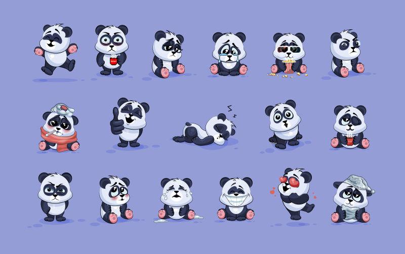 各种情绪的卡通小熊猫矢量图