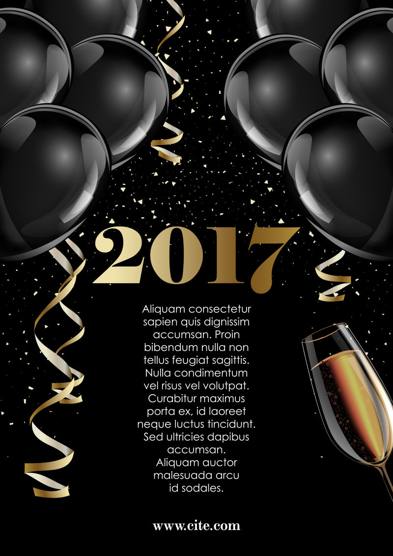 矢量金香槟和黑热气球背景2017新年邀请函