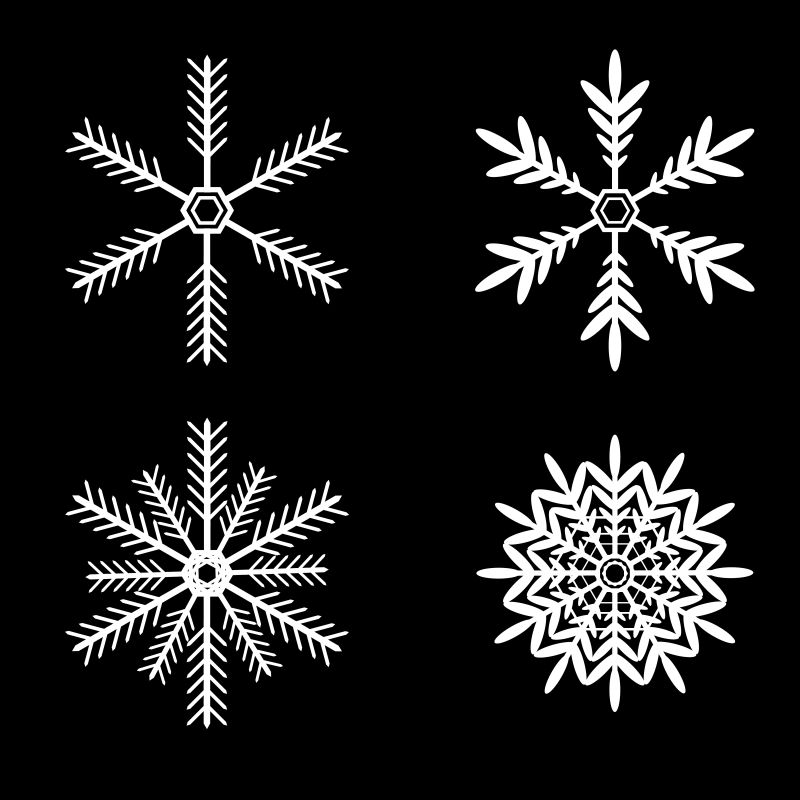 四种不同的白色雪花图标设计矢量插图