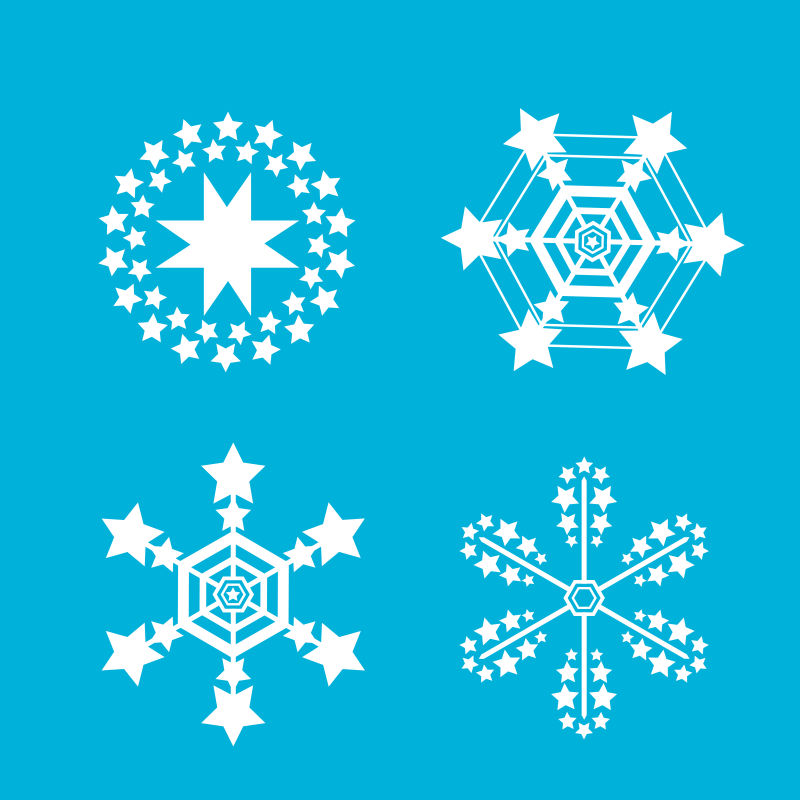 四种不同的白色雪花图标矢量插图