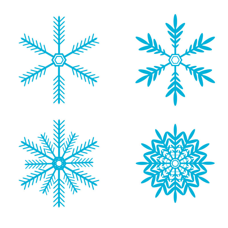 四种精致的蓝色雪花图标矢量插图