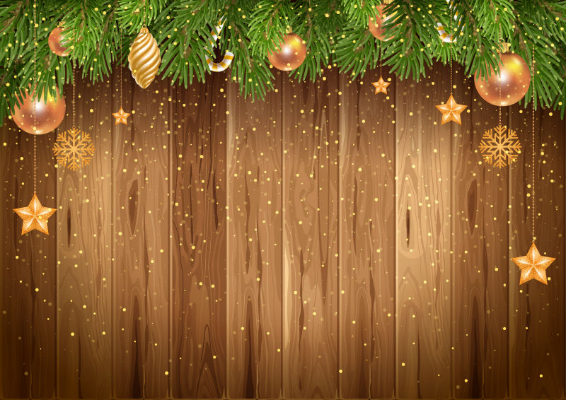 矢量木板墙上的金色装饰球装饰的圣诞树
