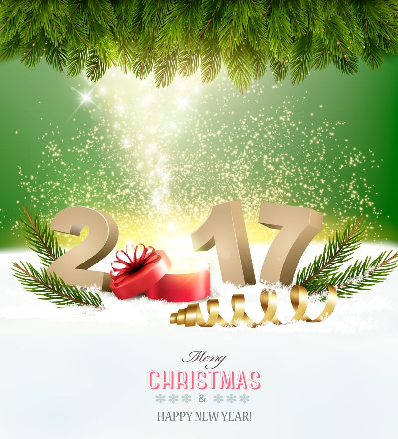 矢量绿色2017新年快乐和礼物盒子
